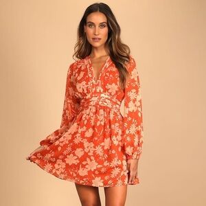 Lulu's | Vibrant Orange Floral Long Sleeve Mini Dress